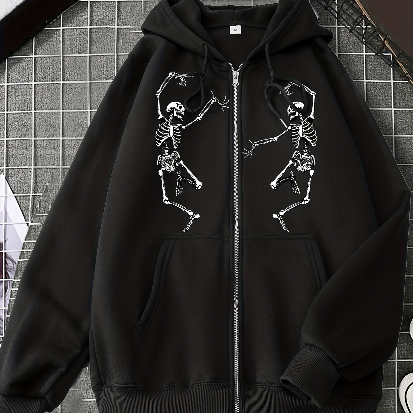 Skull Print Zip Up Hoodies, Casual Drawstring Long Sleeve Kangaroo Pocket Sweatshirt, Women's Clothing