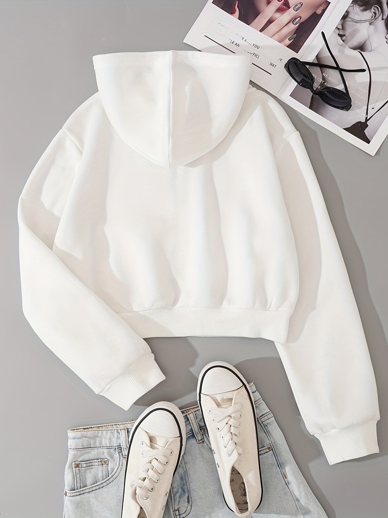 Zip Up Crop Hoodies, Long Sleeve Sports Casual Sweatshirt, Women's Clothing