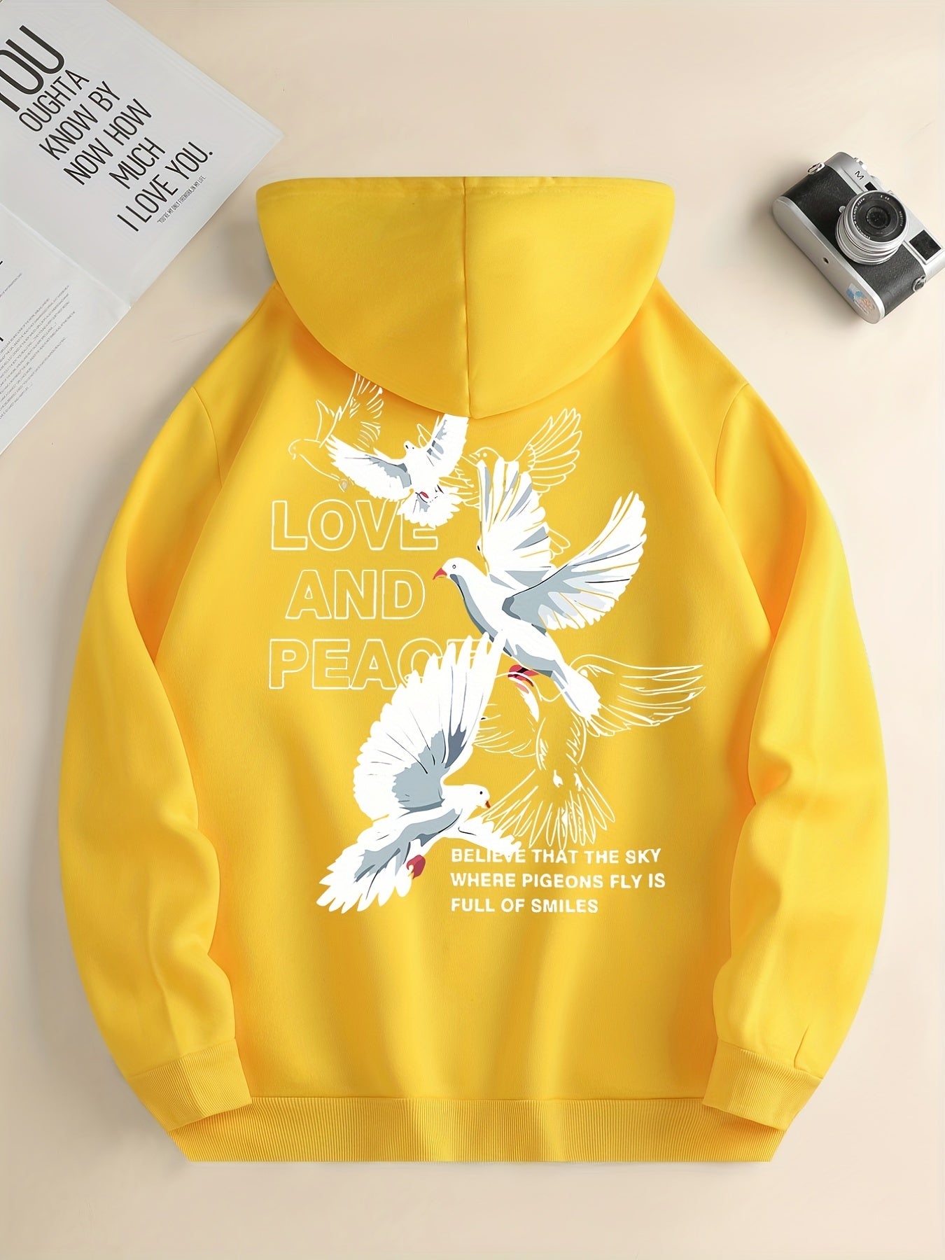 Hoodies For Men, 'Love And Peace' Graphic Print Hoodie, Men’s Casual Pullover Hooded Sweatshirt With Kangaroo Pocket For Spring Fall, As Gifts